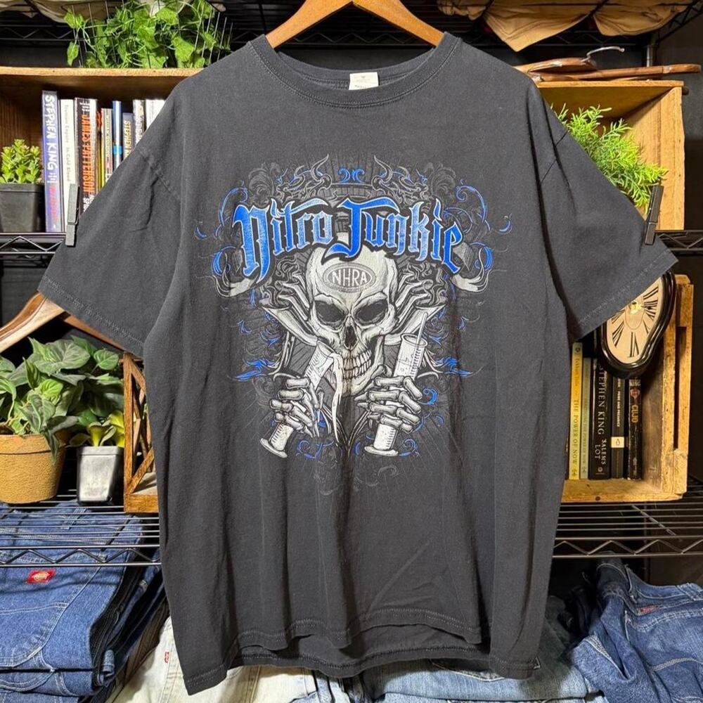 Vintage Y2k Nitro Junkie Skull Tribal Grunge Biker Tee Faded Black Blue Shirt Xl